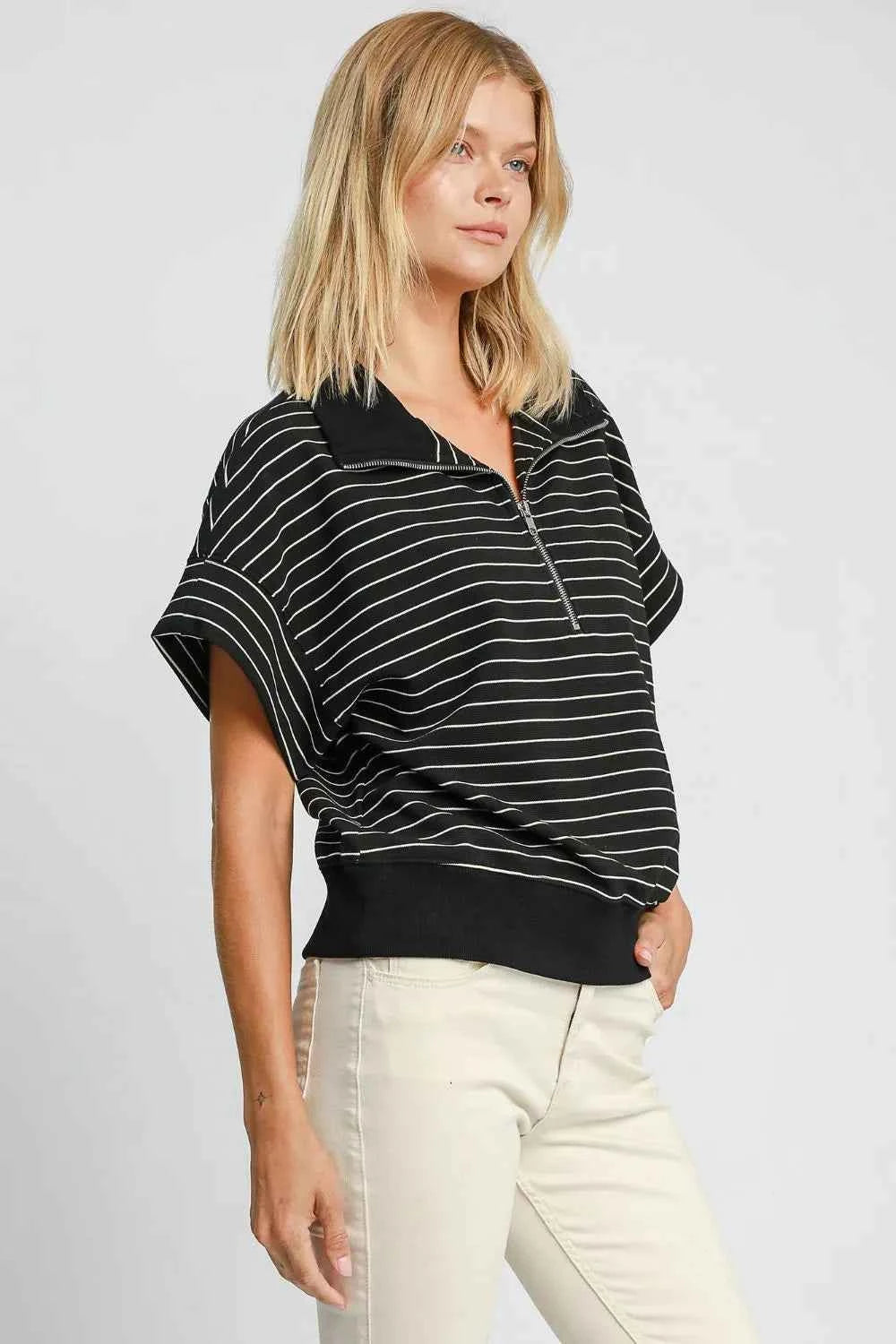 Umgee Striped Half Zip Short Sleeve Sweatshirt f189b758-5110-4eb6-a805-8169617e1ac5-Max