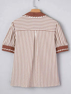 Stripe Collared Split Neck Short Bubble Sleeve Blouse