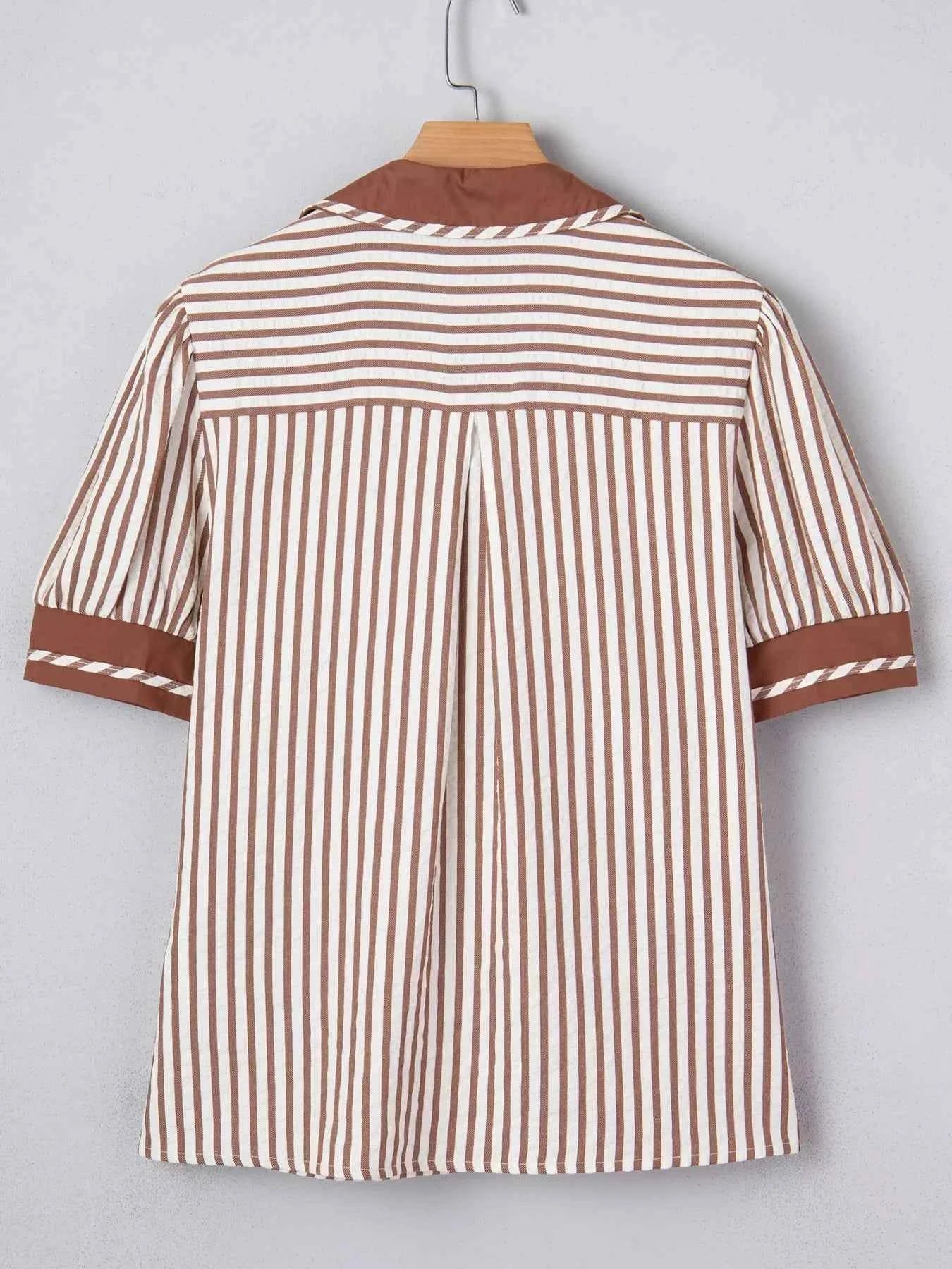 Stripe Collared Split Neck Short Bubble Sleeve Blouse