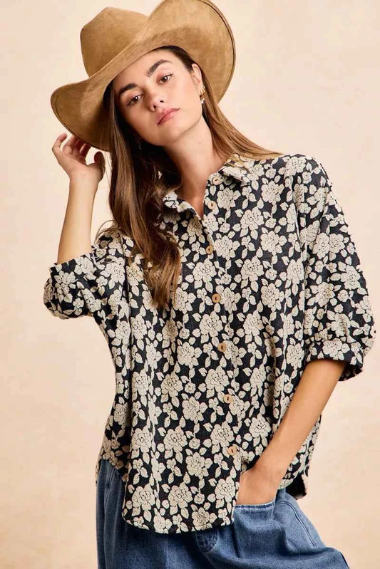 Floral Jacquard Short Dolman Sleeves Shirt f190d5b6545346c7980cbac2167fad4d-Max-Origin
