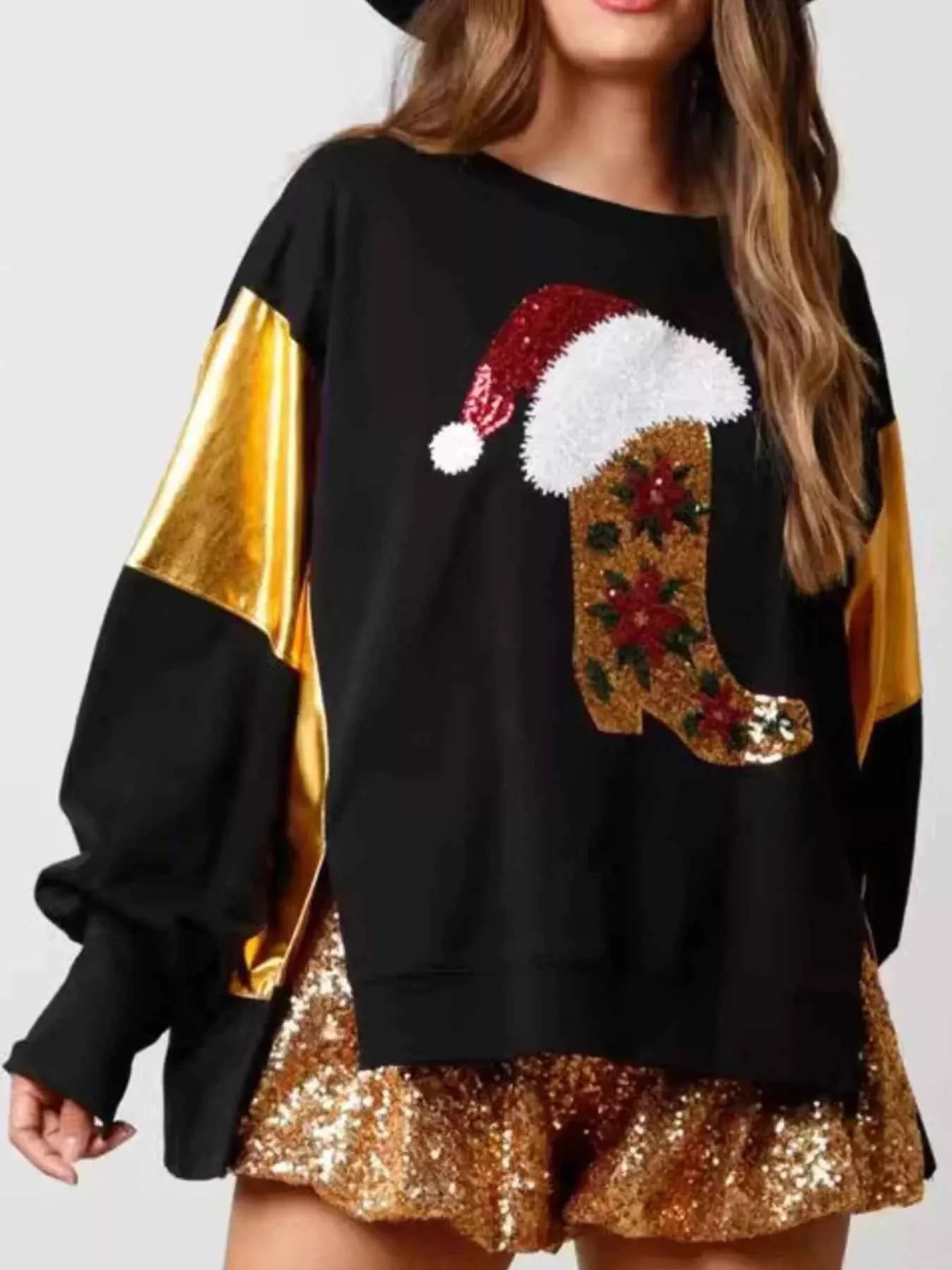 Christmas Sequin Boot Long Sleeve Sweatshirt Black f1910677-52a2-4357-9b55-2ab2773a57a3-Max-Origin