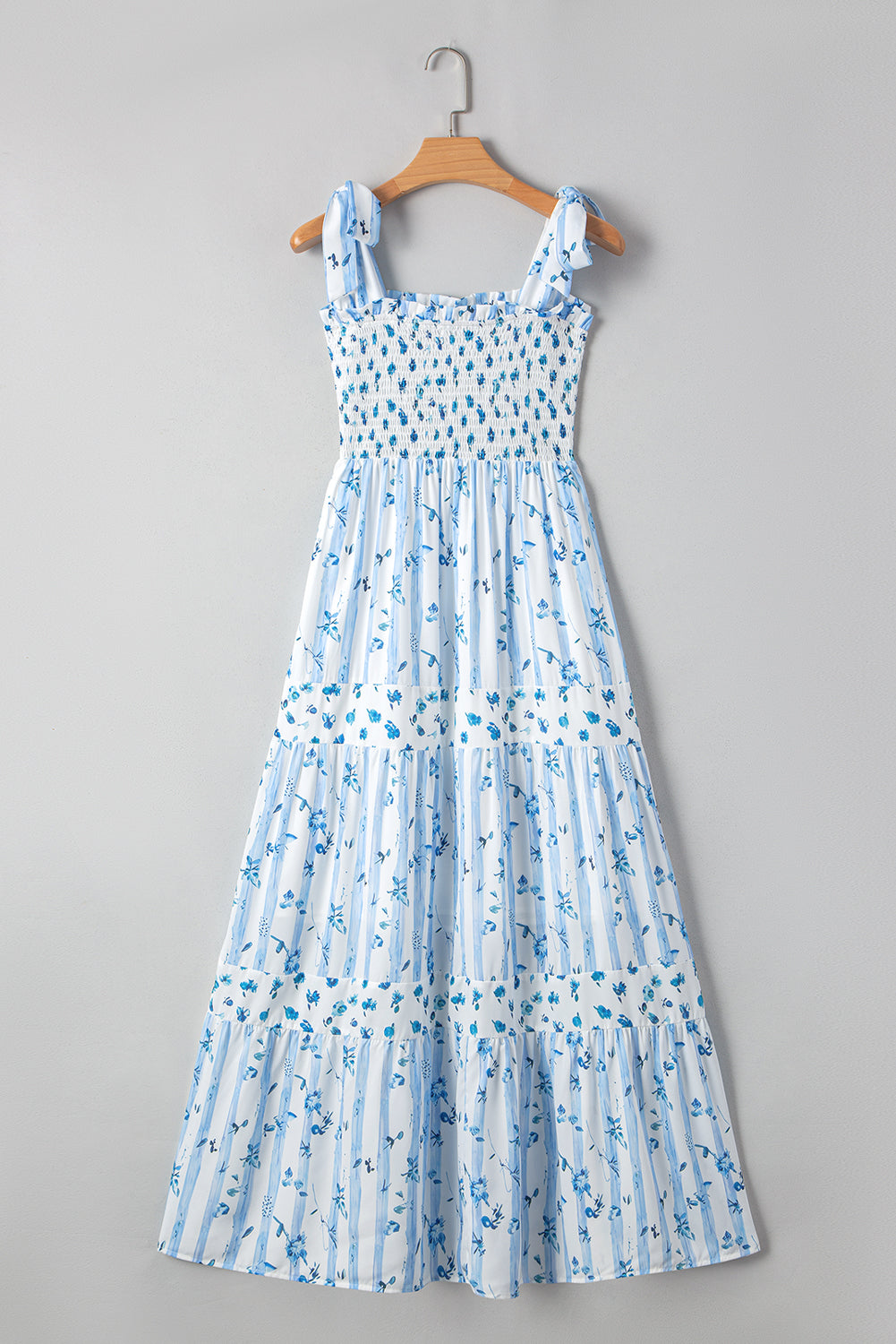 Sky Blue Floral Smocked A-Line Tie Straps Maxi Dress f1978233fe2b75ca