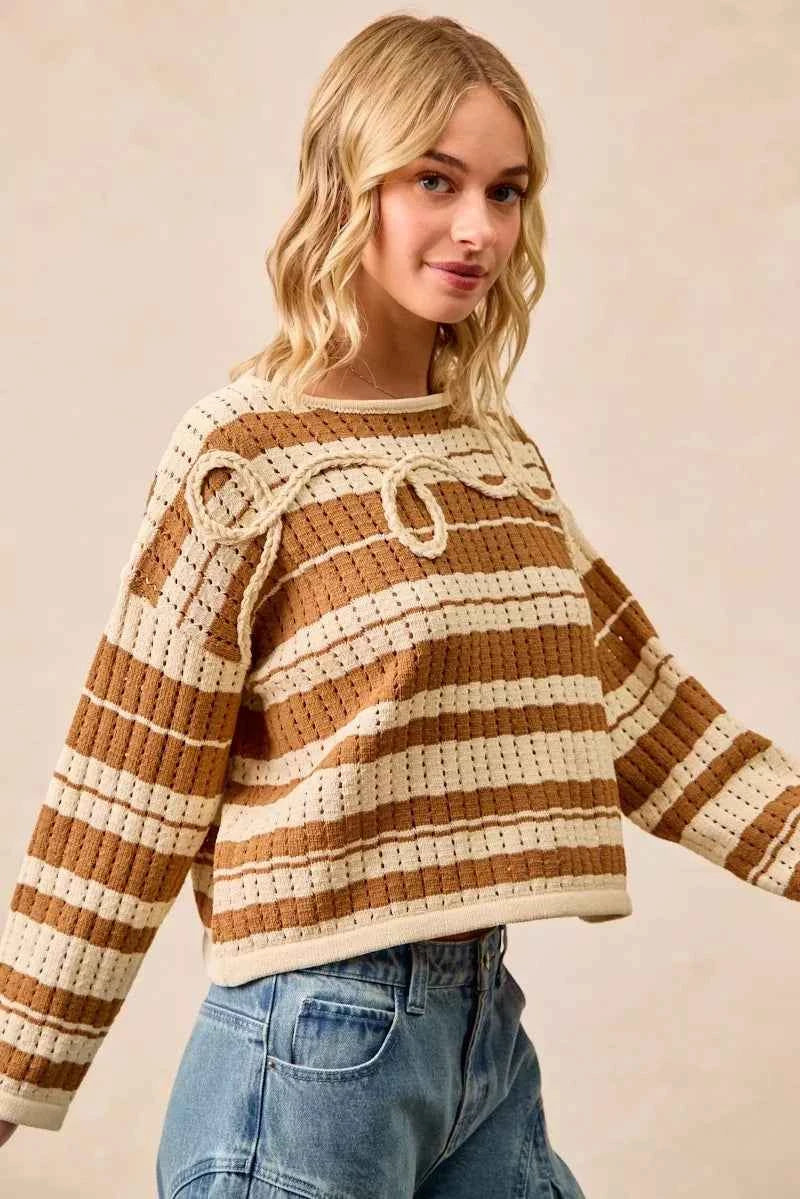 BiBi Striped Open Knit Sweater Top with Front Braided Detail f19b2e6818004ca3a841c79d13e1757a-Max-Origin