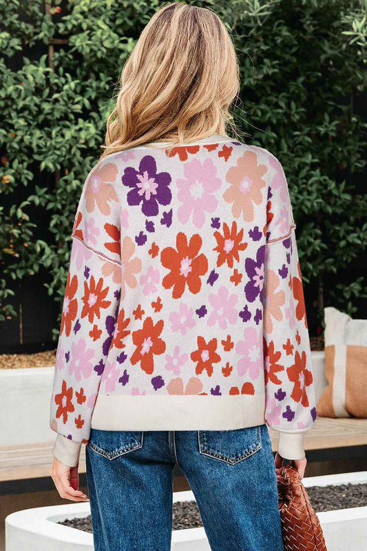 Khaki Vibrant Flower Round Neck Drop Sleeve Sweater f19f6a4c2fd52499