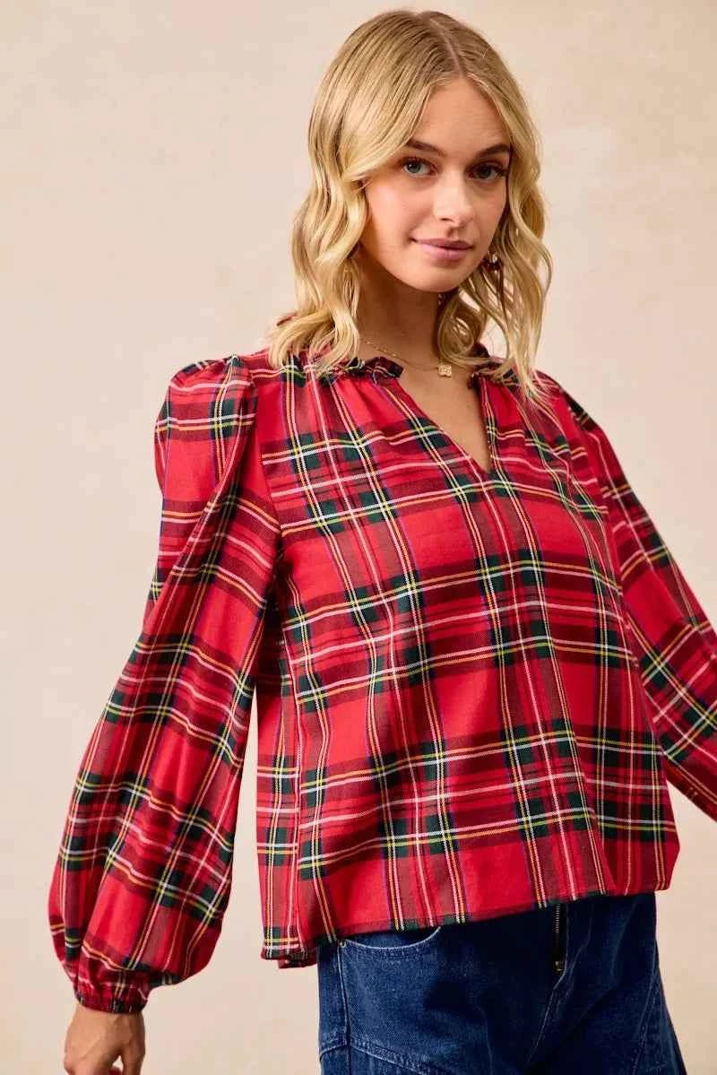 Christmas Plaid Balloon Sleeves Ruffled V-Neck Top f1a919dd80ef461daa56af98f8023c02-Max-Origin