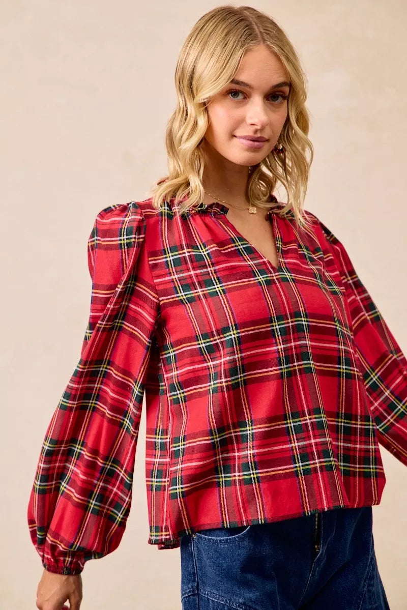 BiBi Christmas Plaid Balloon Sleeves Ruffled V-Neck Top f1a919dd80ef461daa56af98f8023c02-Max-Origin