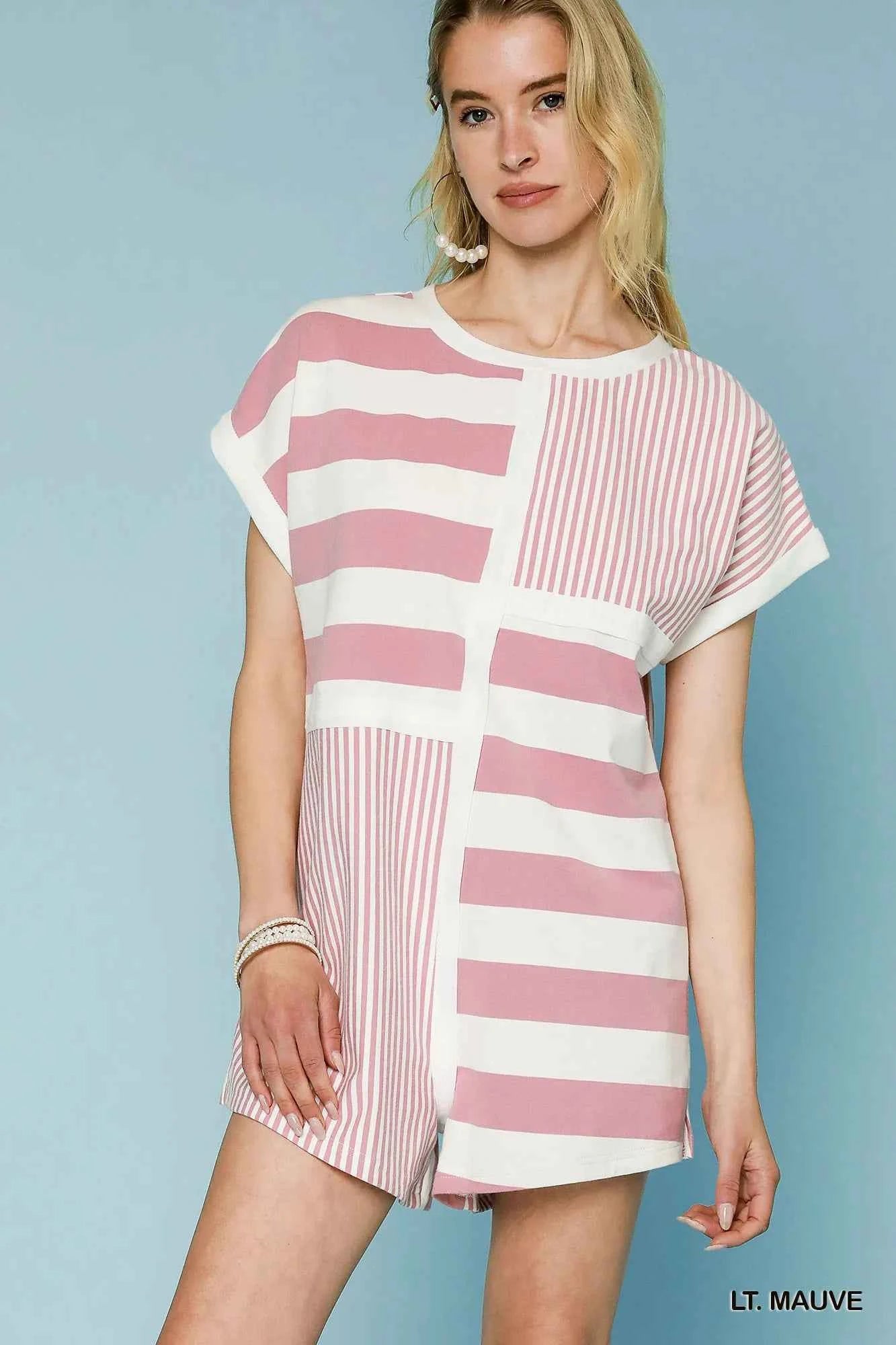 Umgee Mixed Striped Short Sleeve Romper LT. MAUVE f1abd846-24d6-49f8-a654-bdf4987644cd-Max-Origin_3ce8ae4a-11ee-4237-9f3f-c00ca5f8daf9