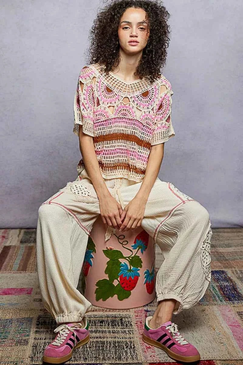 Weave Pattern Short Sleeve Crochet Top with Border Accents f1b83e8d-de81-4d0d-bb63-4237057a043a-Max-Origin