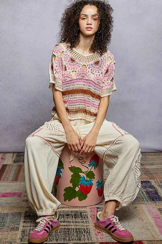 Weave Pattern Short Sleeve Crochet Top with Border Accents f1b83e8d-de81-4d0d-bb63-4237057a043a-Max-Origin