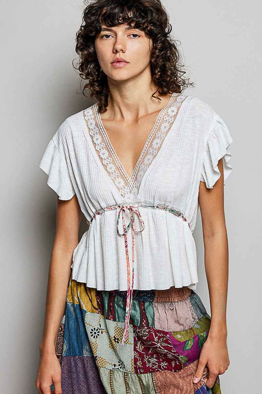 POL Tied Ruffled V-Neck Short Sleeve Blouse with Lace Detail OFF WHITE f1ba1a73-bef0-4c65-8997-d6e529eb6ff2-Max