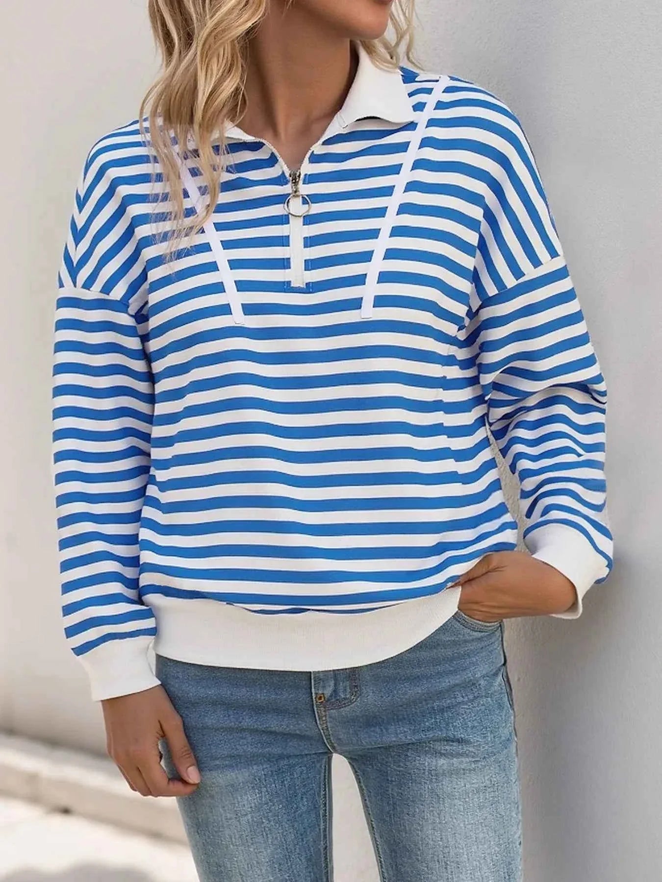 Striped Quarter Zip Long Sleeve Hoodie f1bd2547ed71455b9370b1442a5cb35c-Max-Origin