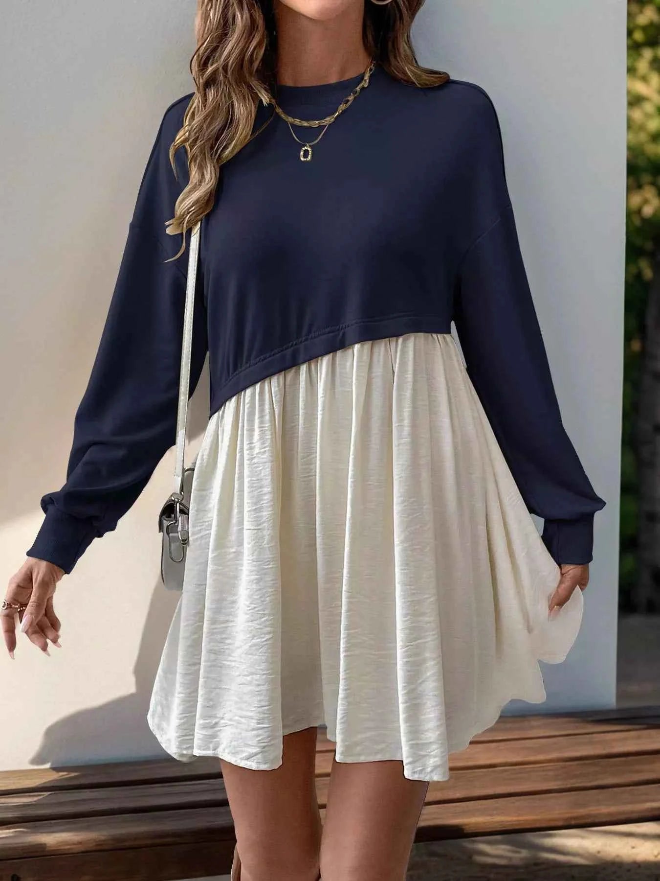 Two-Tone Dropped Shoulder Dress Dark Blue f1c37158-e106-47fd-90a4-4d196d9da697-Max-Origin