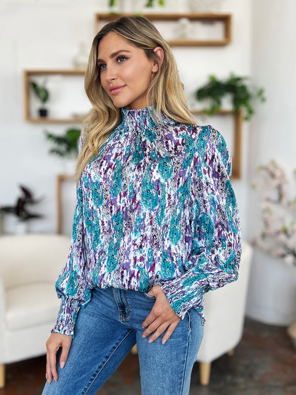 Double Take Full Size Printed Smocked Long Sleeve Blouse