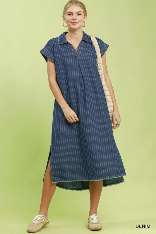 Pinstripe Denim Collared Midi Dress with Side Slits f1e397cb-9861-4ce2-ac9c-0d098ae8fb0b-Max-Origin