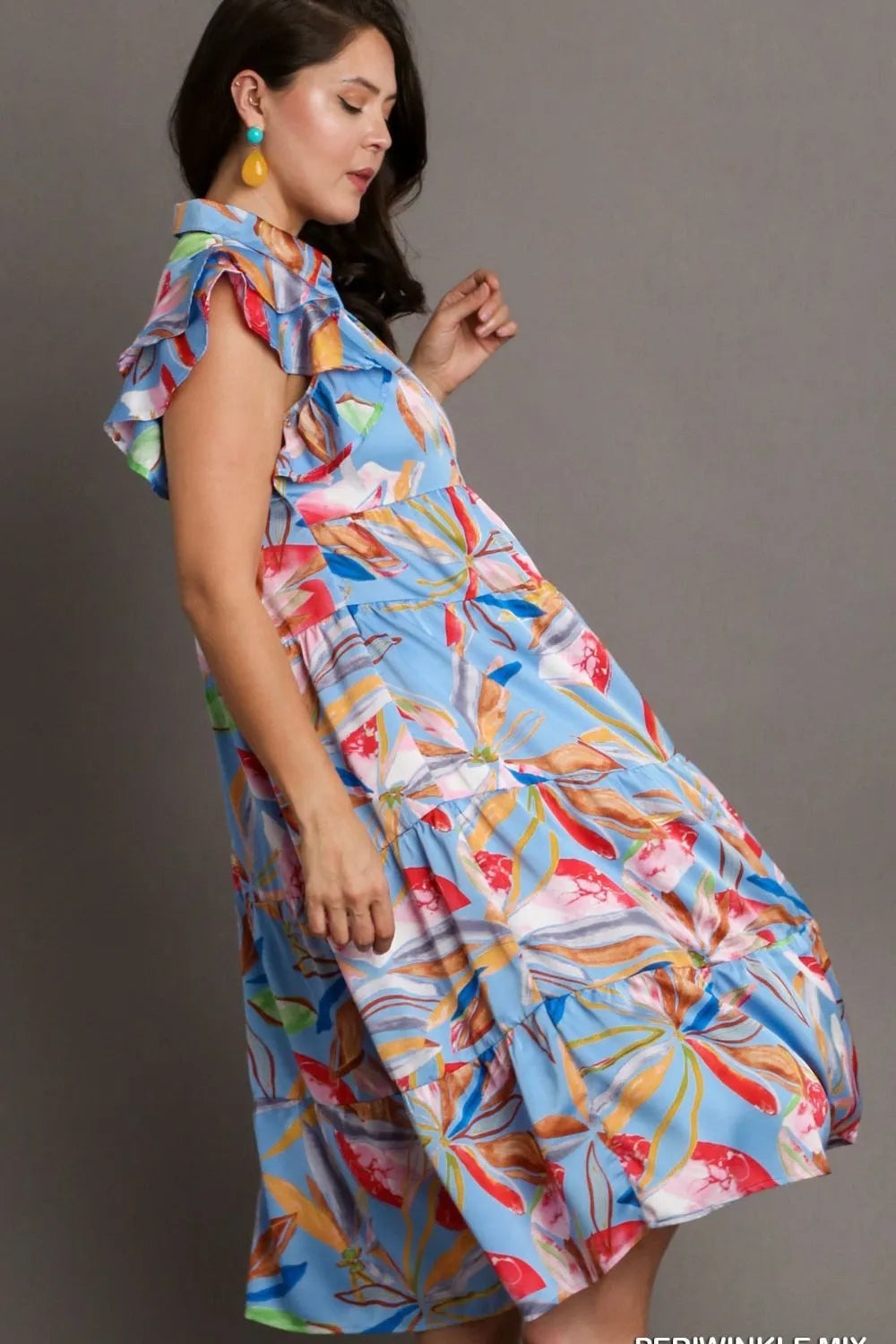 Umgee Full Size Leaf Print Double Layered Ruffle Sleeve Tiered Midi Dress Plus Size f1e5ed83-e428-4621-b37e-ec033e07ebbc-Max