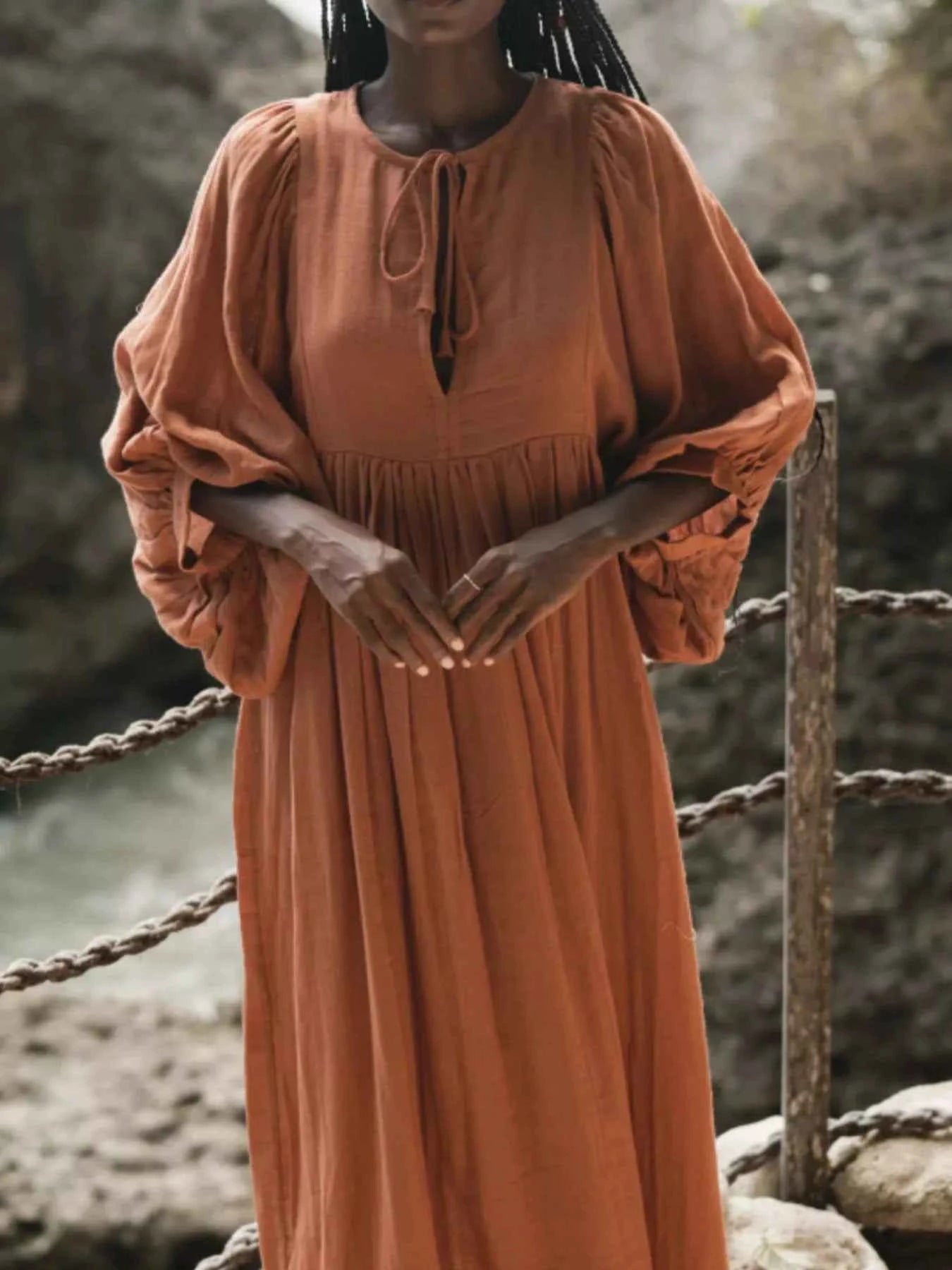 Tie Neck 3/4 Sleeve Midi Dress f1ee76b5-2746-4926-9299-7ef9552e15ca-Max-Origin