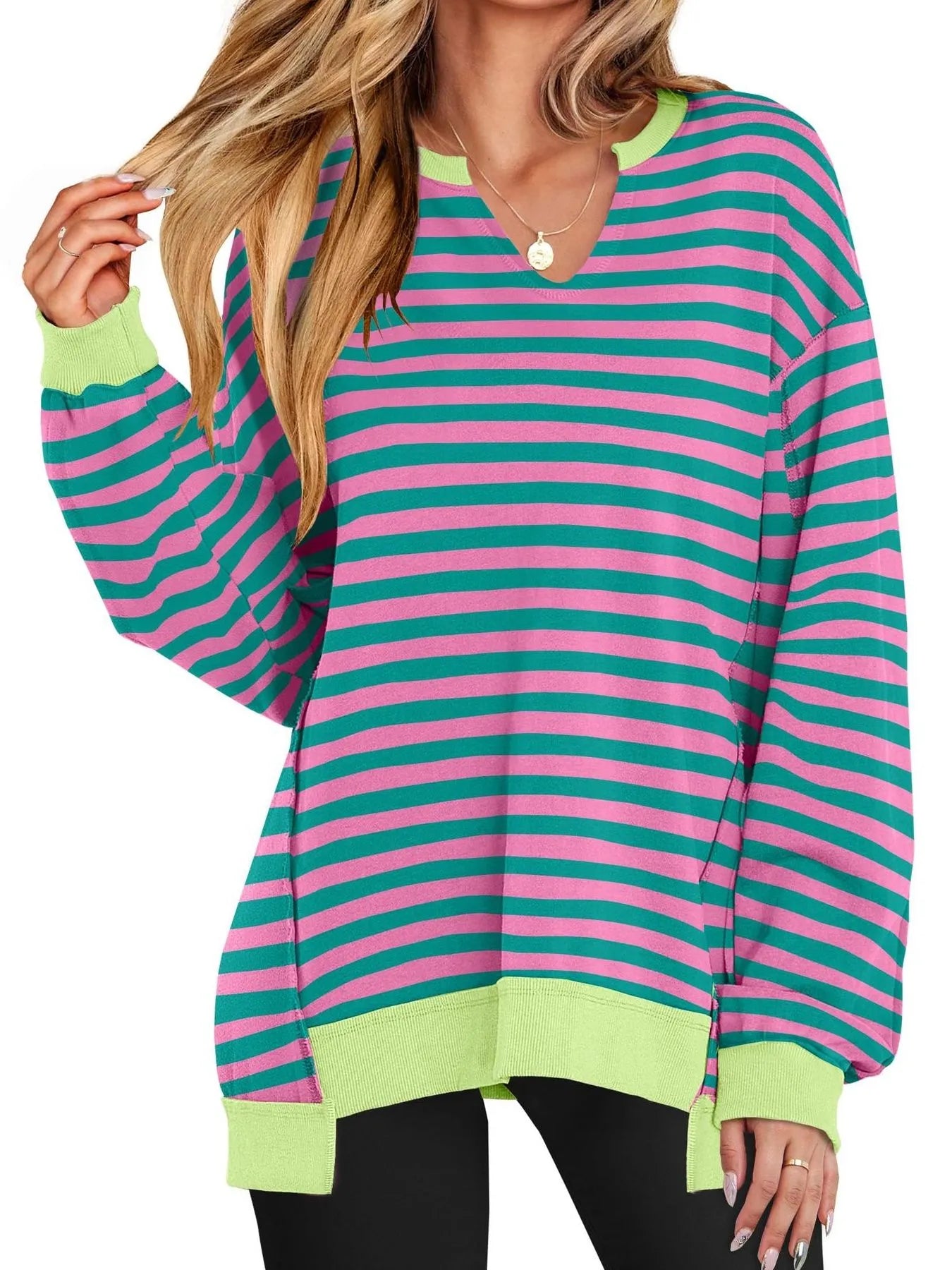 Notched Long Sleeve Oversized Sweatshirt Rose Stripes f1f53315-e625-4fe5-84ac-54eb824a55a5-Max-Origin