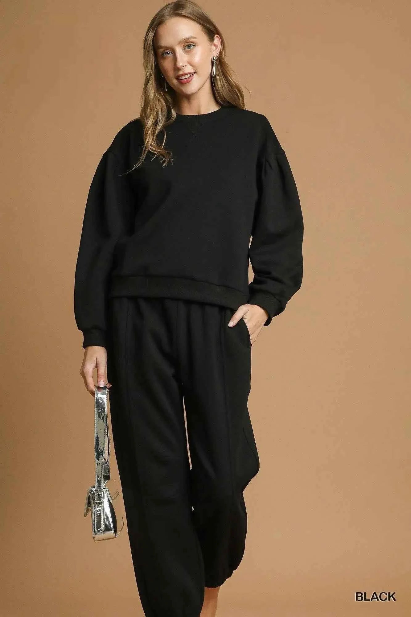 Umgee Round Neck Sweatshirt with Pleated Detail f1fc74f0-bad2-4511-8e30-ce29d3dd763c-Max-Origin