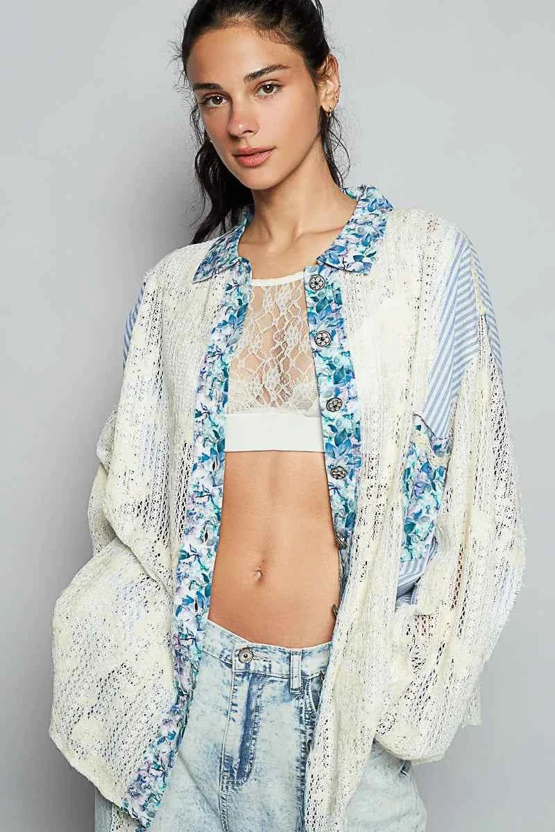 POL Lace Long Sleeve Shirt with Floral and Striped Pattern Cerulean f20070c9-b8f3-4cfe-bd2f-c8e5fdce8977-Max-Origin