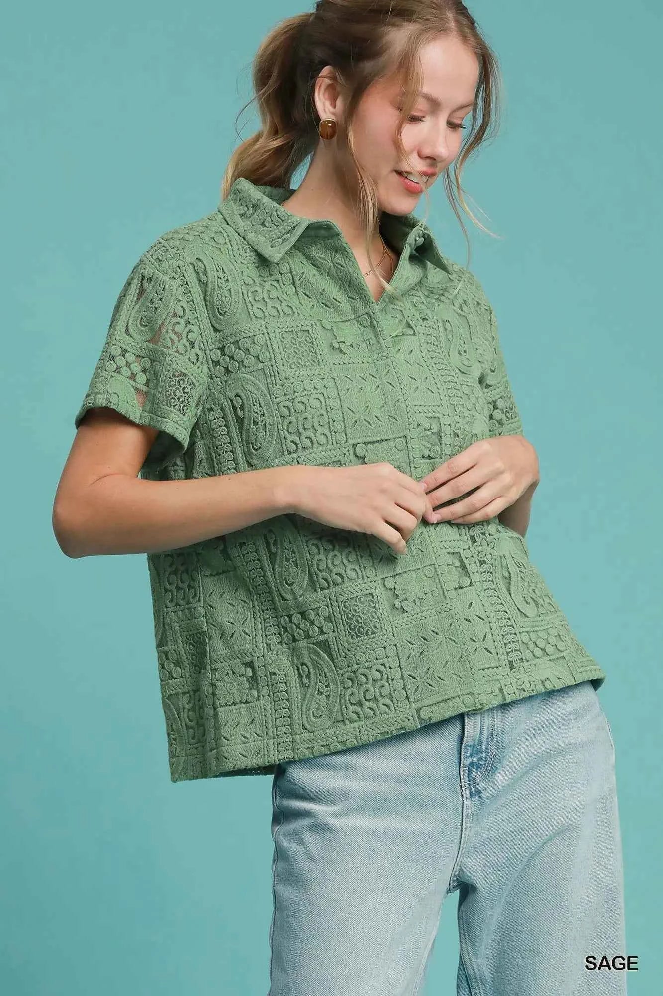 Umgee Patch Lace Short Sleeve Button Down Shirt Sage f2034dce-64af-436e-b021-e762bbe80234-Max-Origin
