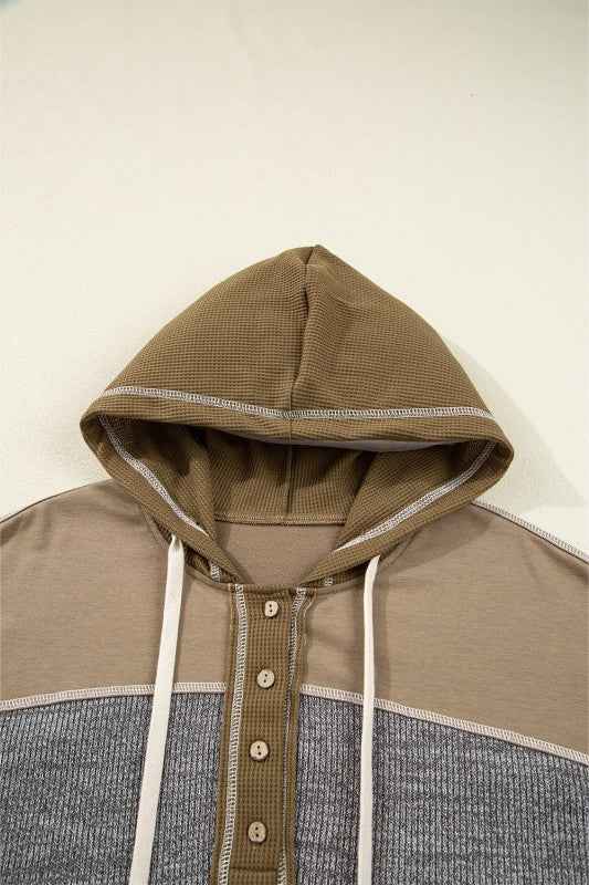 Waffle Knit Patchwork Buttoned Hooded Sweatshirt f20431b0-8127-4c0c-a70a-e288bc231768