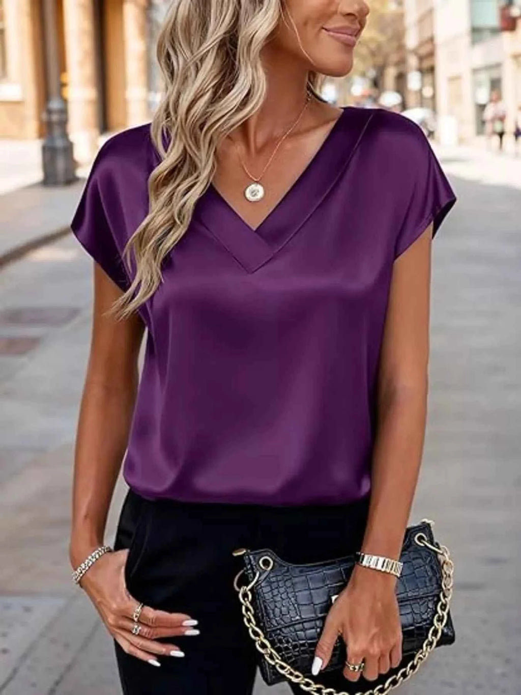 Satin V-Neck Short Sleeve Blouse f20cdc1b3d924a318162d38fb4bd0329-Max-Origin