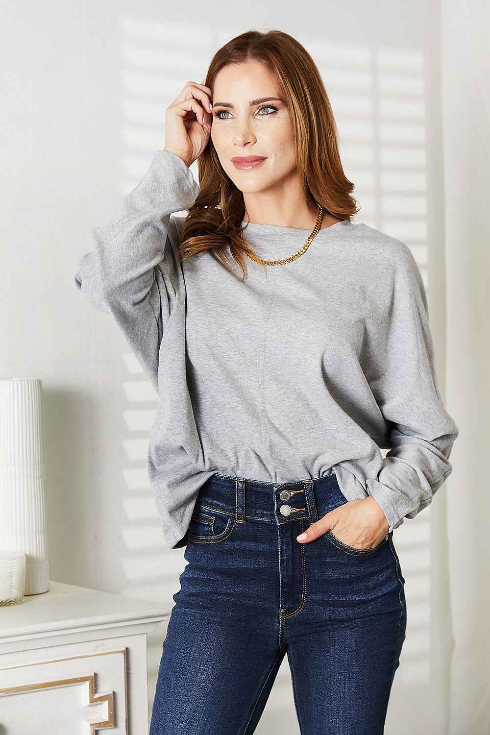 Double Take Seam Detail Round Neck Long Sleeve Top Light Gray f21015da812e4d4eb4cf4ac7fff17ded-Max