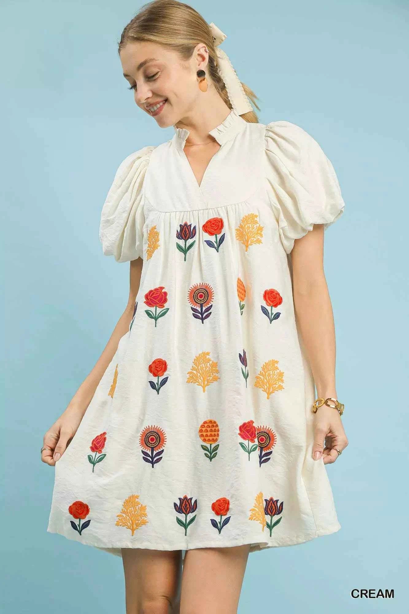 Umgee Floral Embroidered Puff Sleeve Mini Dress CREAM f2166bbe-c289-43cd-80f7-089e057f2875-Max-Origin