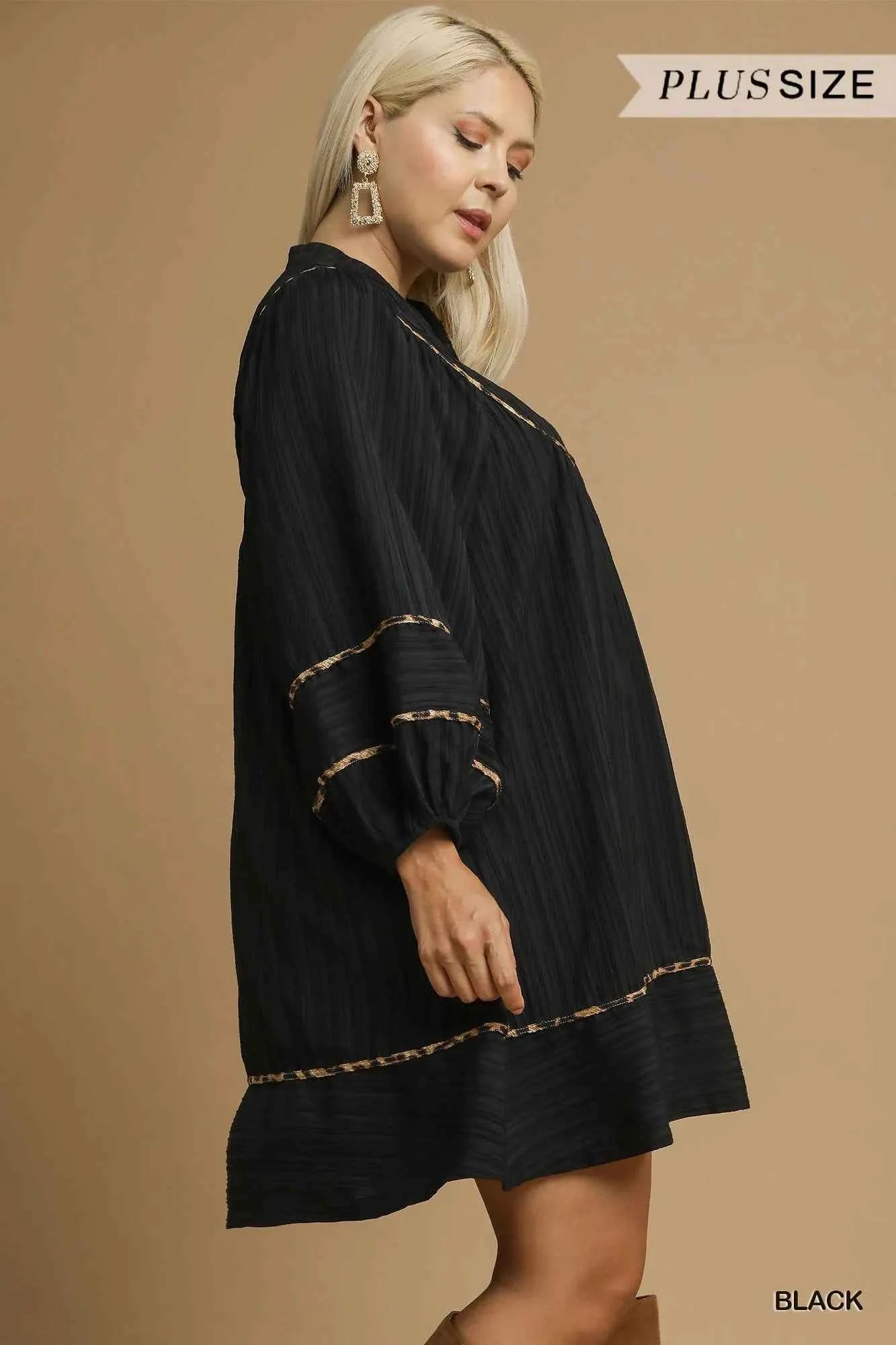 Umgee Full Size Textured Babydoll Dress with Leopard Trim Plus Size f216c6c9-c24c-476e-a137-a280c45099c6-Max-Origin