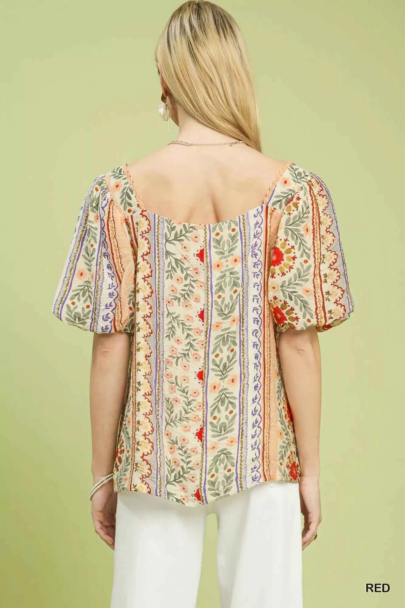 Umgee Patchwork Puff Sleeve Smocked Blouse f21cb395-7bf7-4fd7-9518-36180bea21c5-Max-Origin