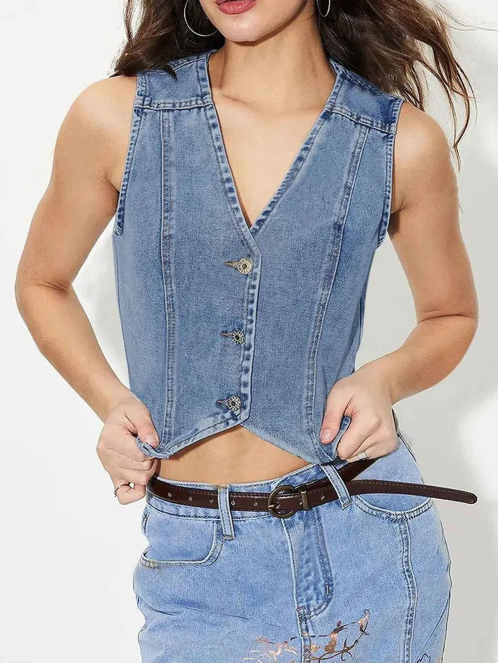 V-Neck Button Up Denim Vest f2206c4d-fc40-404d-b4b8-4b33061b2041-Max