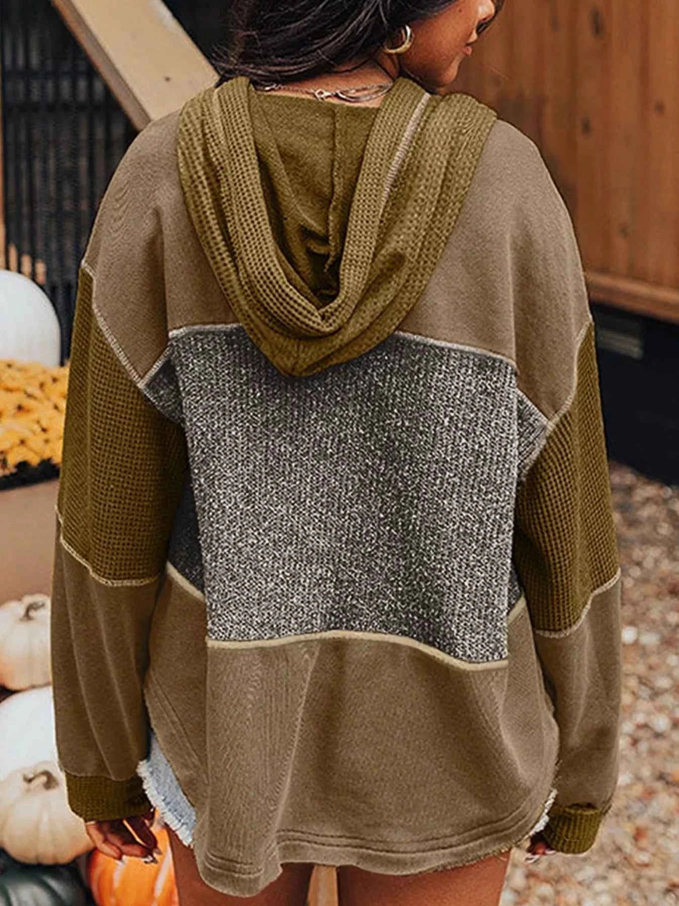 Mixed Texture Patchwork Exposed Seam Half Button Hoodie f2227635-5004-49c9-bccd-f4d4e41980a8-Max-Origin