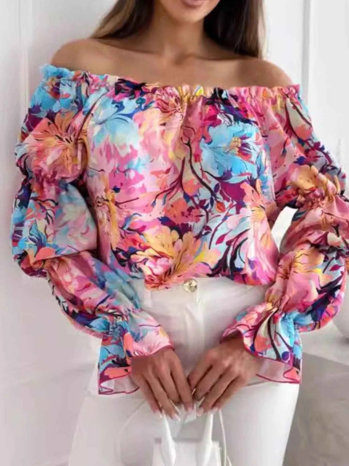 Off-Shoulder Floral Ruffle Blouse with Elastic Neckline Pastel Blue f2272bc9-c615-4422-9ae9-7ae2ed57dfb0-Max-Origin