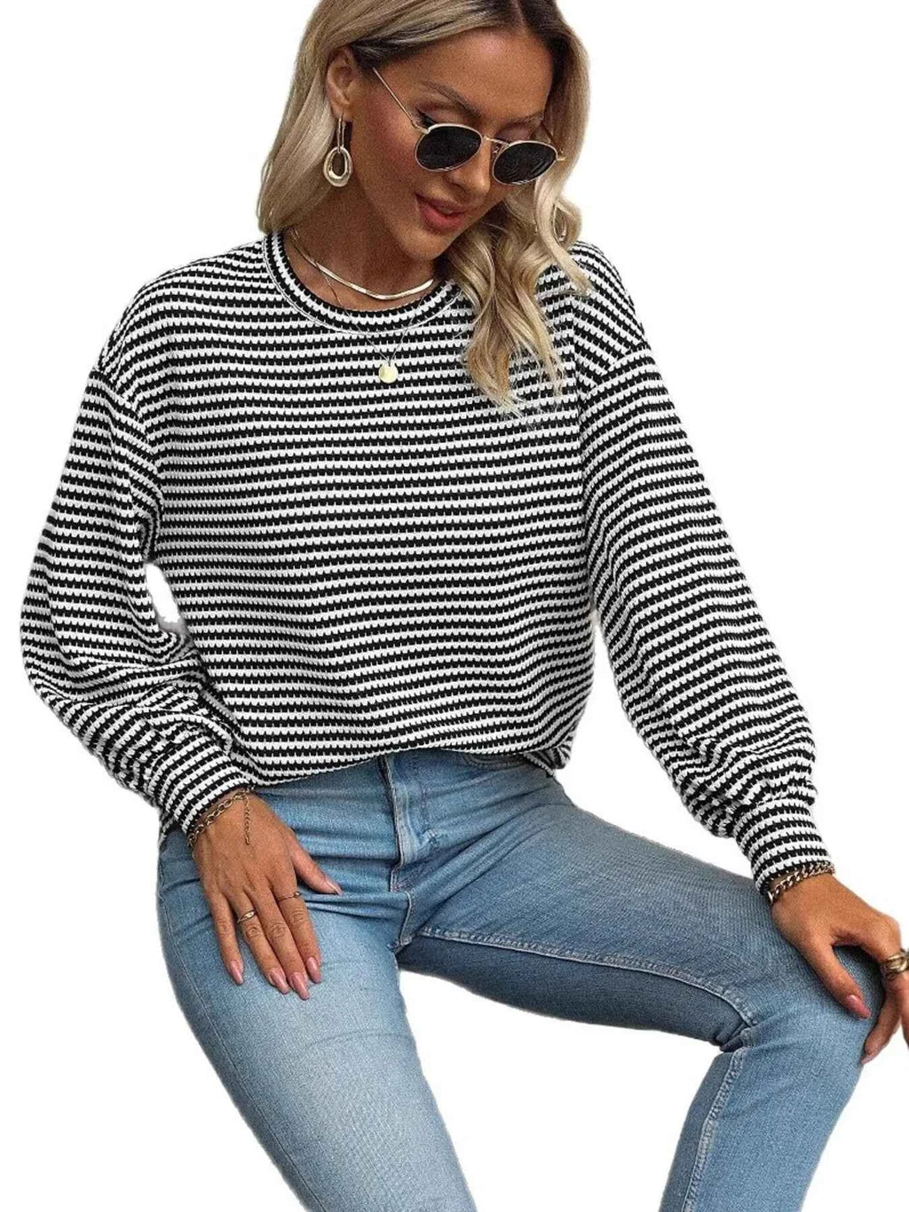 Striped Round Neck Lantern Sleeve Top f22850b468774ad5833aac5f9e87881a-Max-Origin