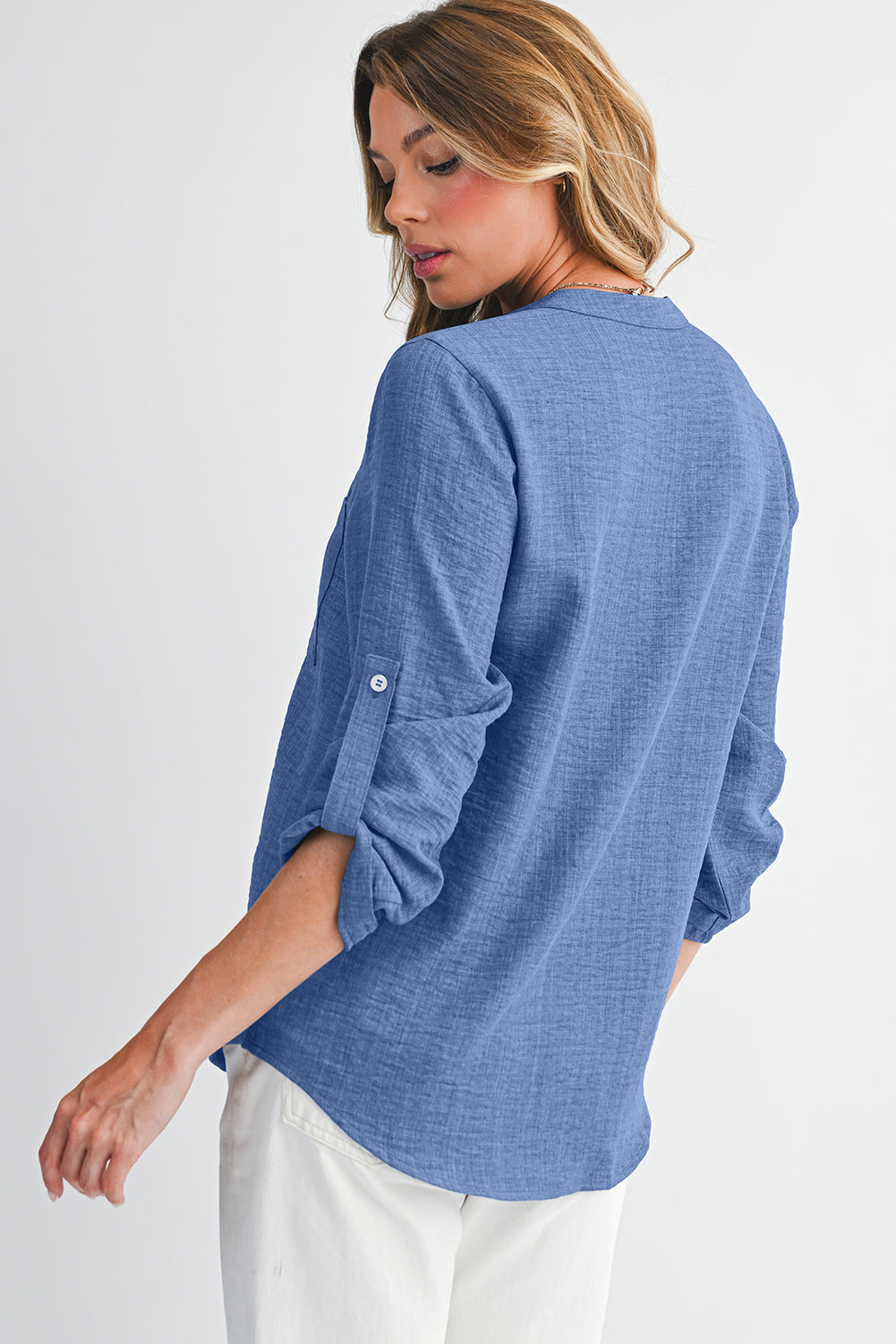 Ashleigh Blue Chest Pocket V Neck Plain Roll-up Sleeve Blouse f22a8df9d5d578b6