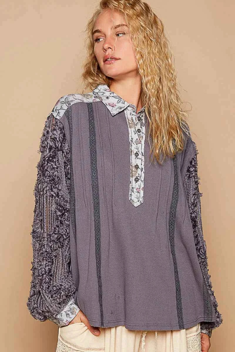 POL Floral Half Button Lace Detail Long Sleeve Top Dark Gray f235156b-187e-42e7-a4ef-1570b910c95c-Max-Origin