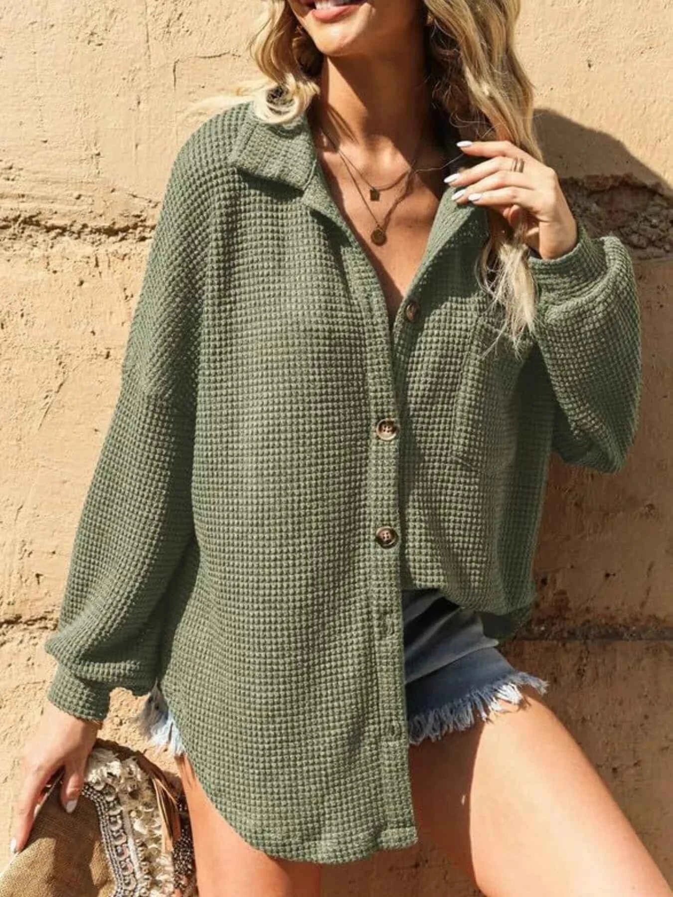 Waffle Knit Button-Down Shirt Army Green f237880167c74c7d820722f4572c1cfe-Max-Origin