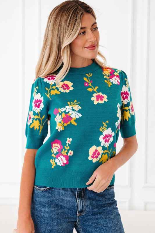 Floral Knit Crewneck Short Sleeve Top f23bc435-2c2f-4e47-92d2-f62d256ed733