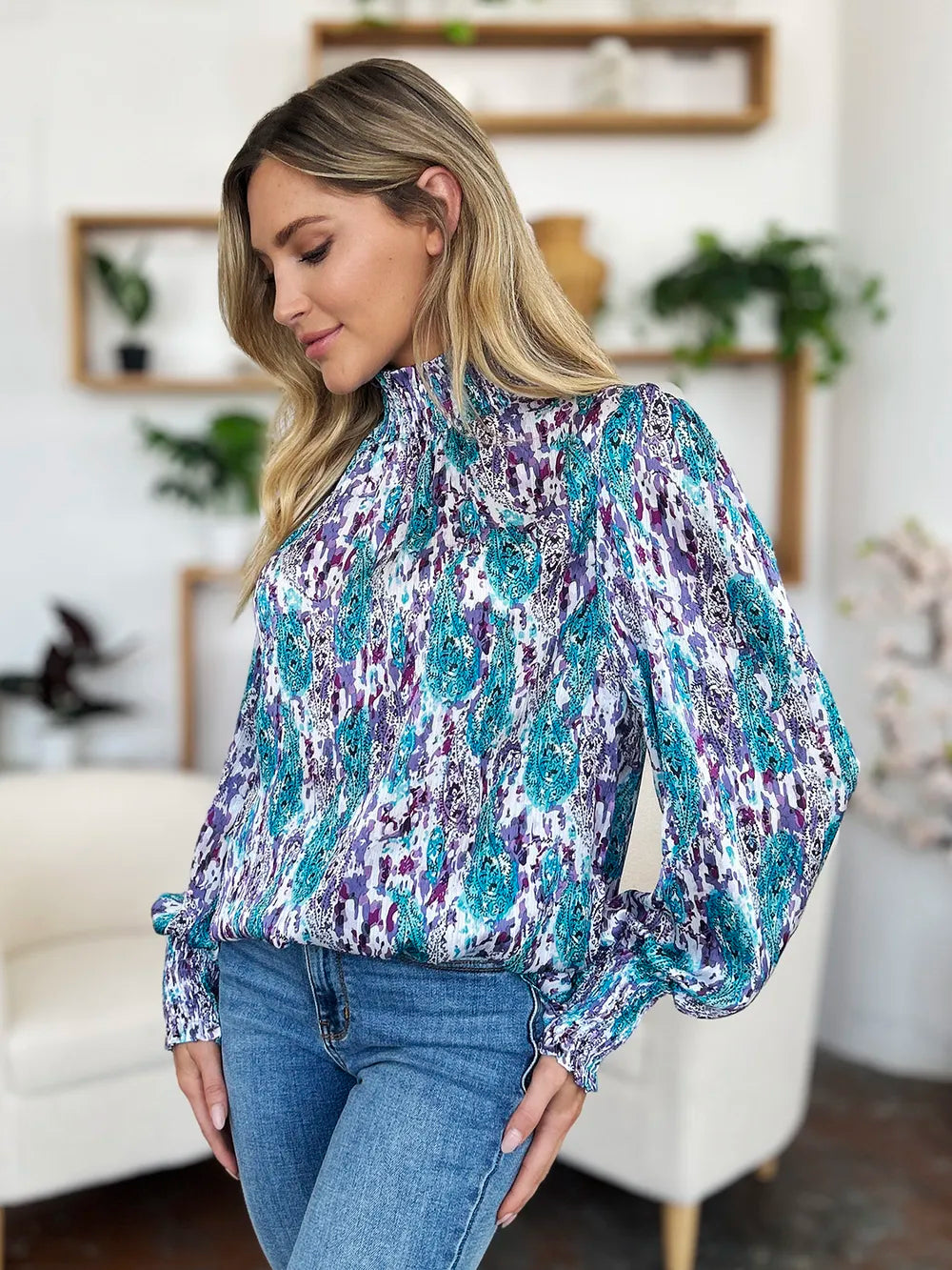 Double Take Full Size Printed Smocked Long Sleeve Blouse f23d196d-66b8-467a-9607-1653bbc75783-Max