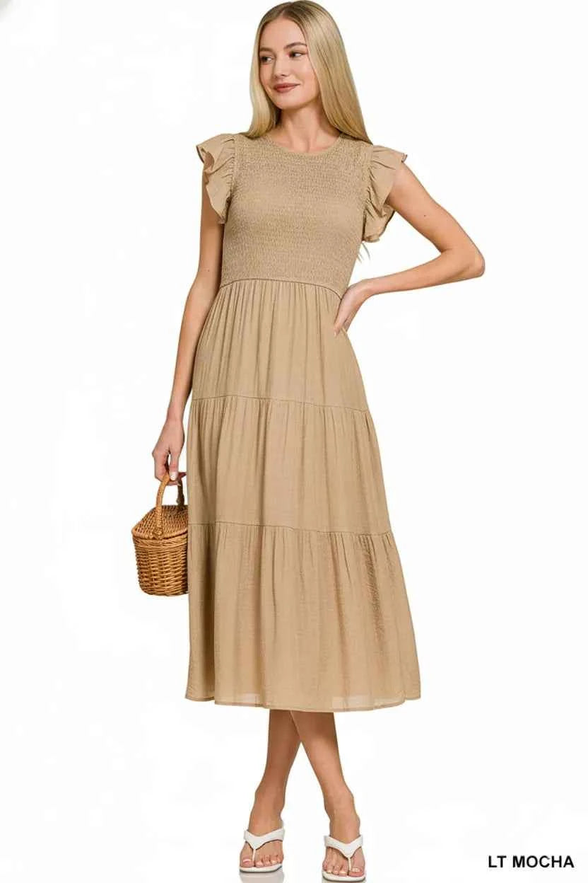 Zenana Woven Smocked Ruffle Sleeve Midi Dress f23db115-a6d9-405e-9496-eb8df614a0e4-Max-Origin