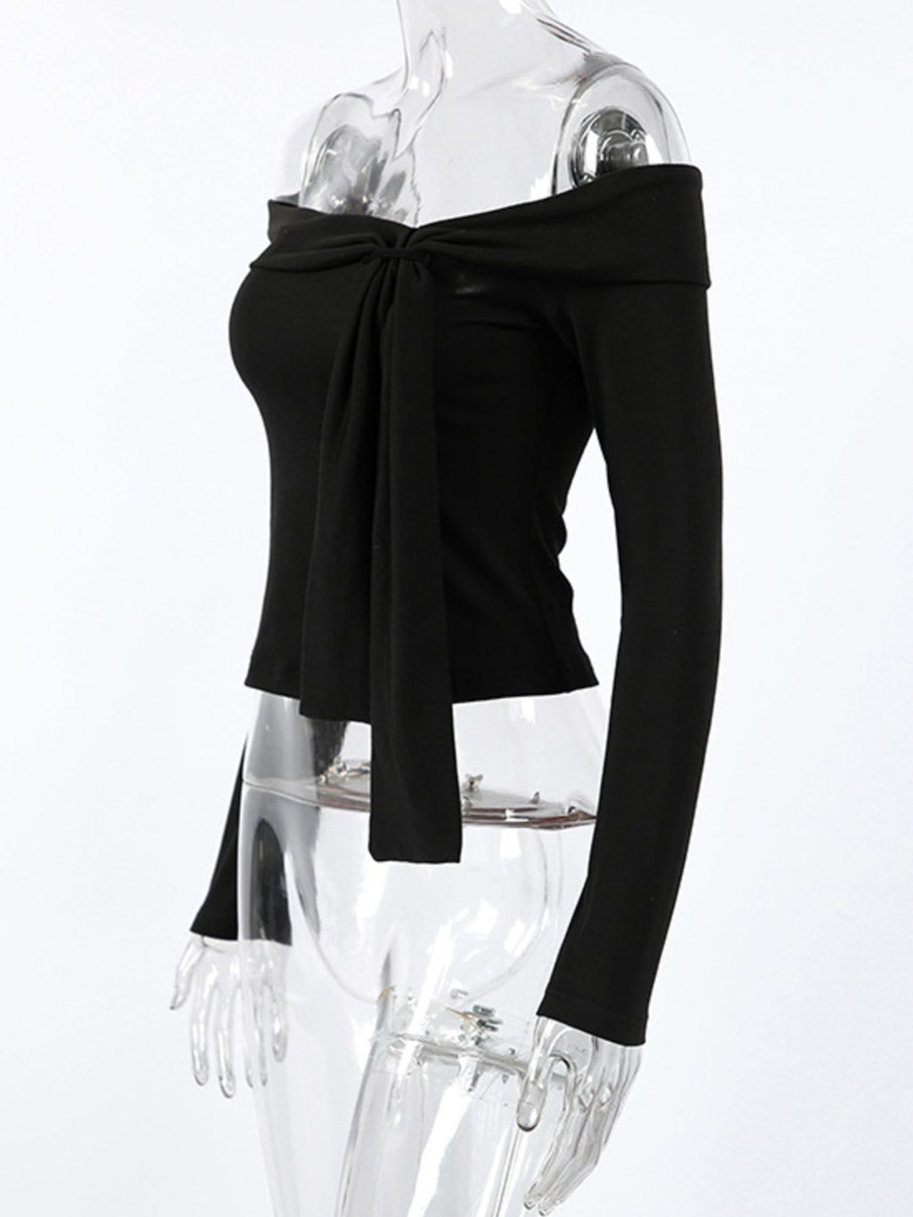 Off-Shoulder Tie-Front Long Sleeve Blouse f24a0a0e-dbf7-4250-907c-3bf28907da7d-Max