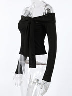 Off-Shoulder Tie-Front Long Sleeve Blouse f24a0a0e-dbf7-4250-907c-3bf28907da7d-Max