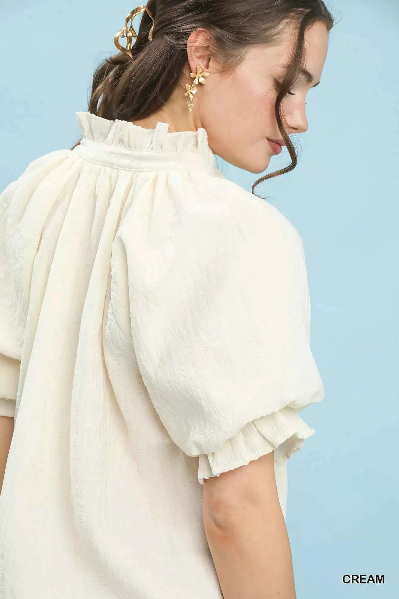 Umgee Textured Puff Sleeve Split Neck Top f24a50c0-34e0-4dbd-a739-715dbcd53ef3-Max-Origin