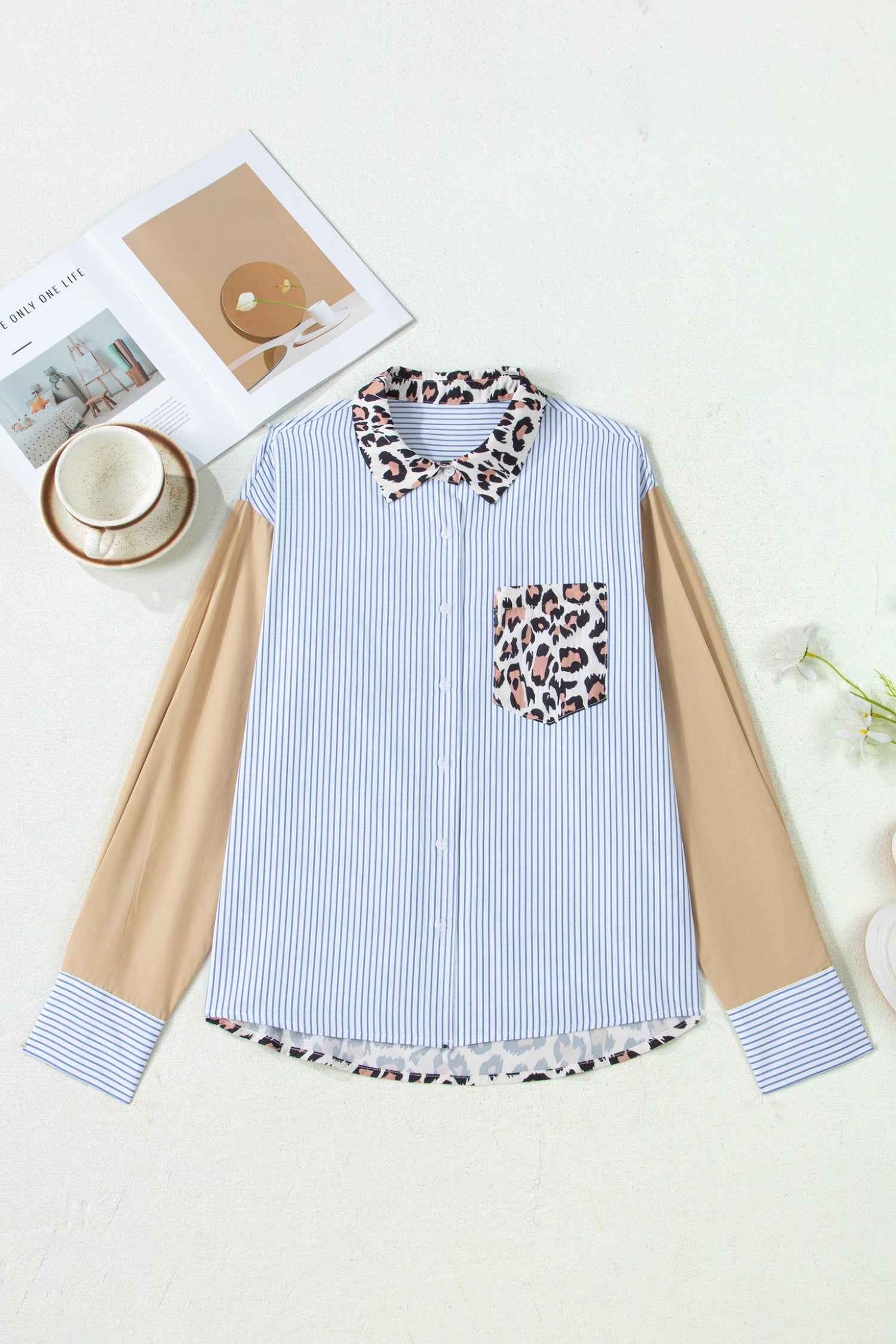 Sky Blue Stripe Colorblock Leopard Patchwork Chest Pocket Cuffed Sleeve Shirt f24acbbed375f3a7