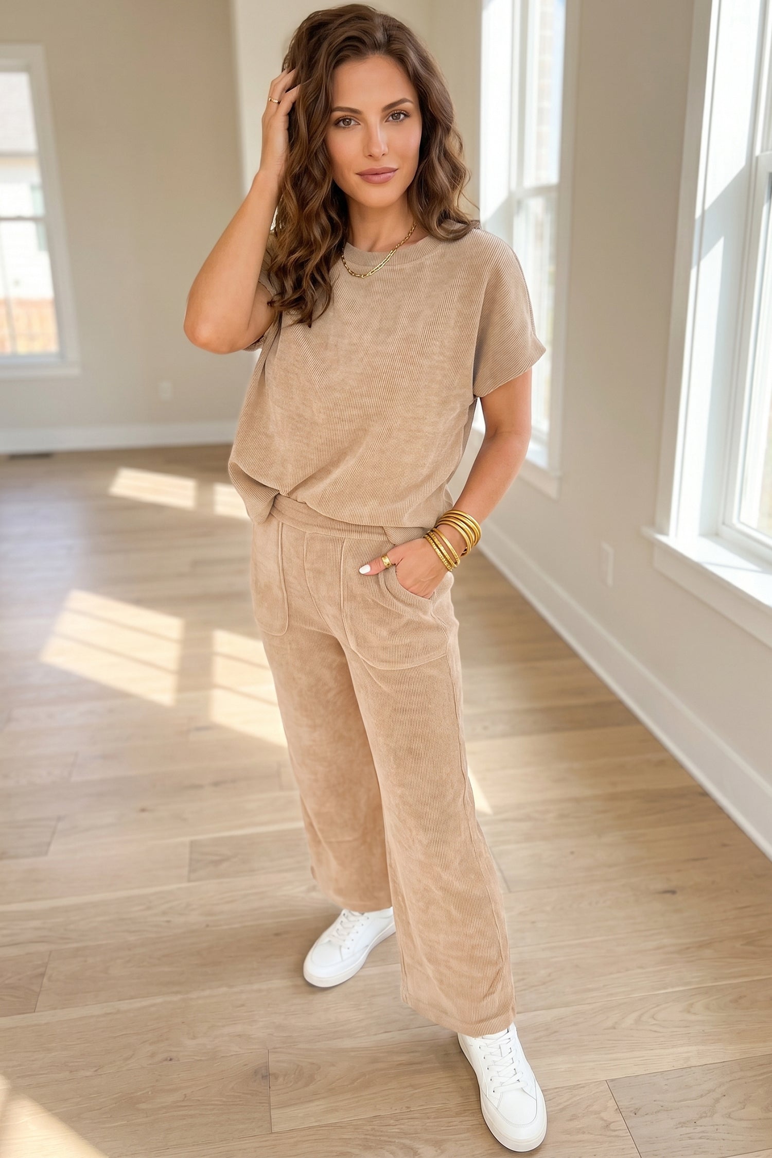 Light French Beige Solid Color Short Sleeve Ribbed Top Casual Pants 2pcs Set f24c6fd6fde0ba4d