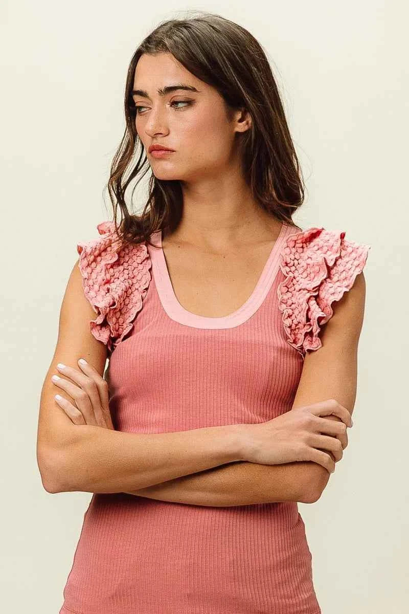 BiBi Rib Knit With Textured Ruffled Top f256ec891d9e4bc488f1c26aeeac1906-Max-Origin