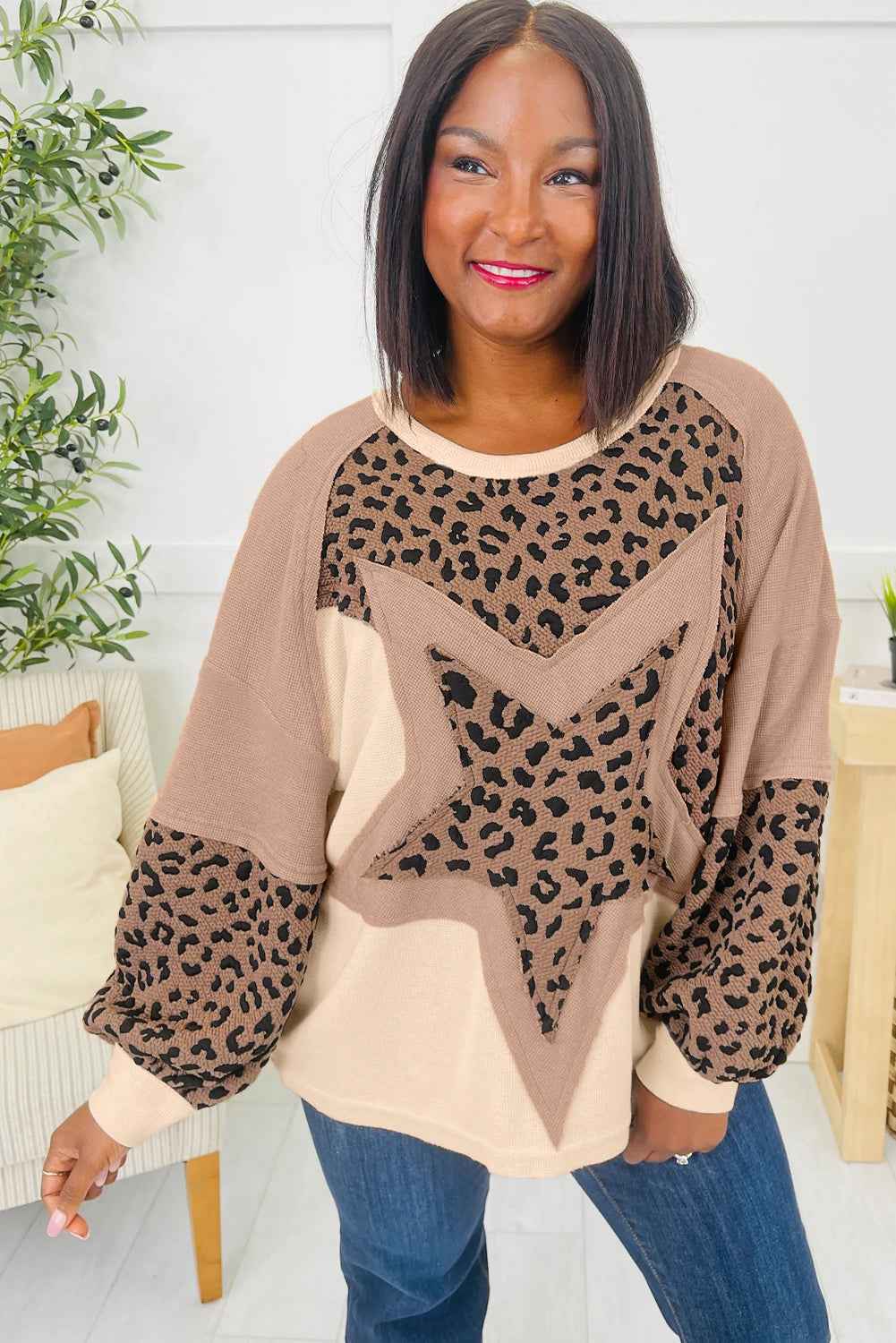 Light French Beige Star Leopard Patchwork Sweatshirt f259b39368fb4a80