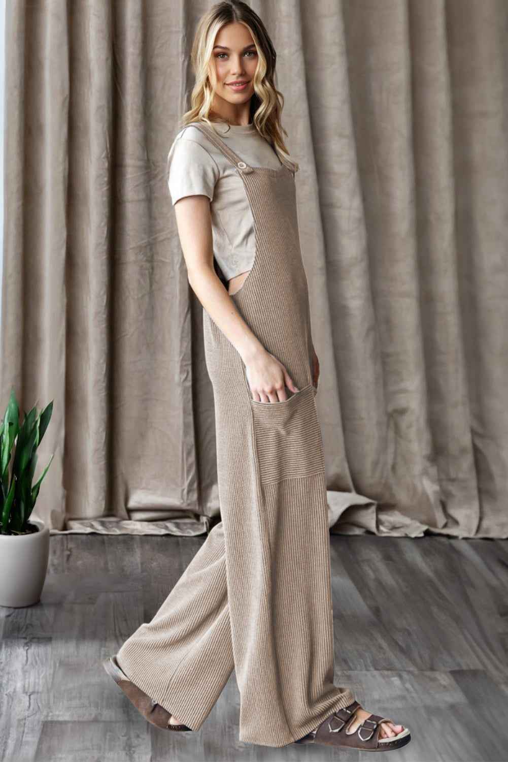 Parchment Ribbed Knit Patched Pocket Wide Leg Overalls f25b2a71734b46b8