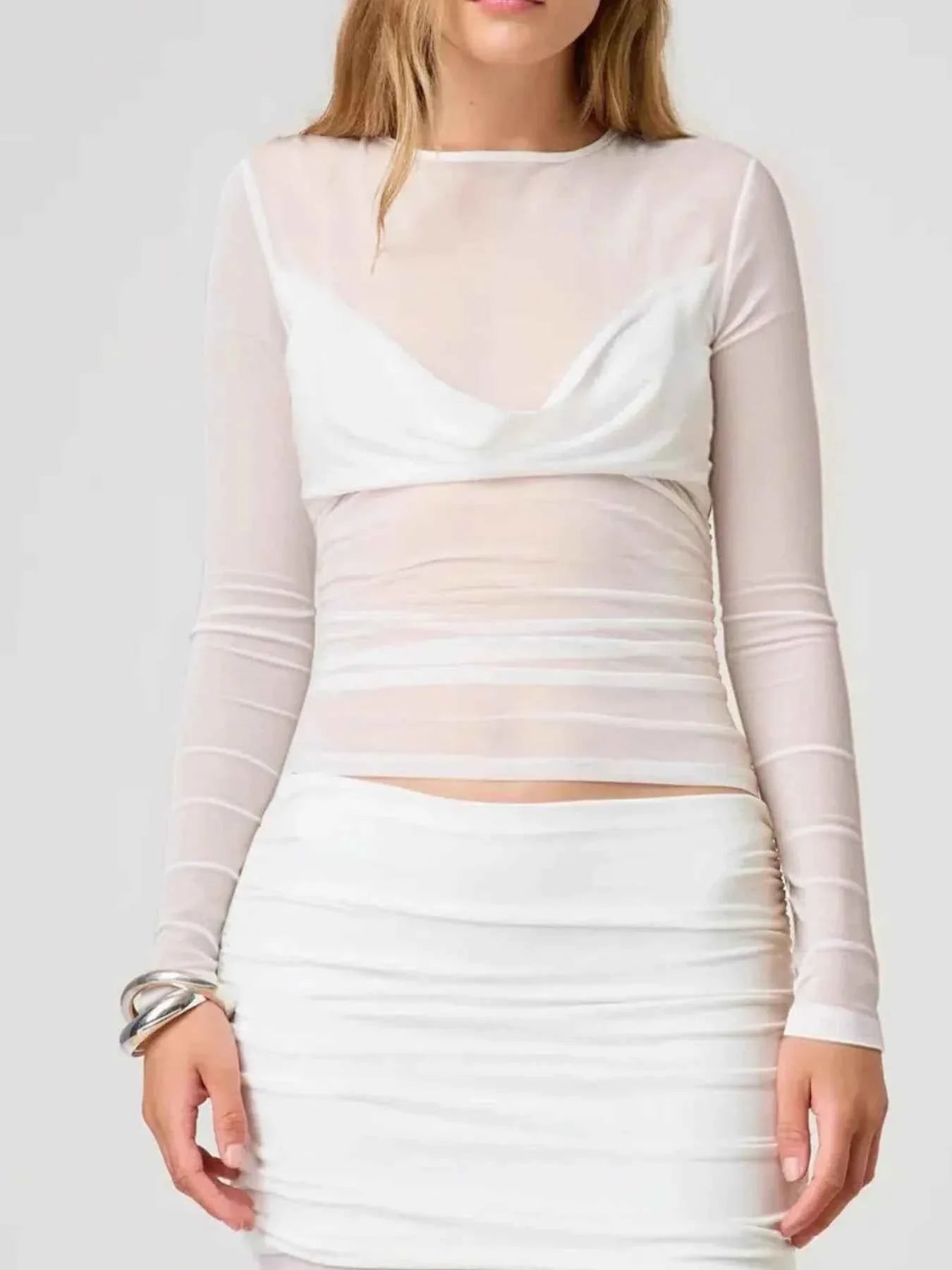 Ruched Mesh Long Sleeve Top White f25c5366-7ec8-4073-912d-8014606dacb9-Max-Origin