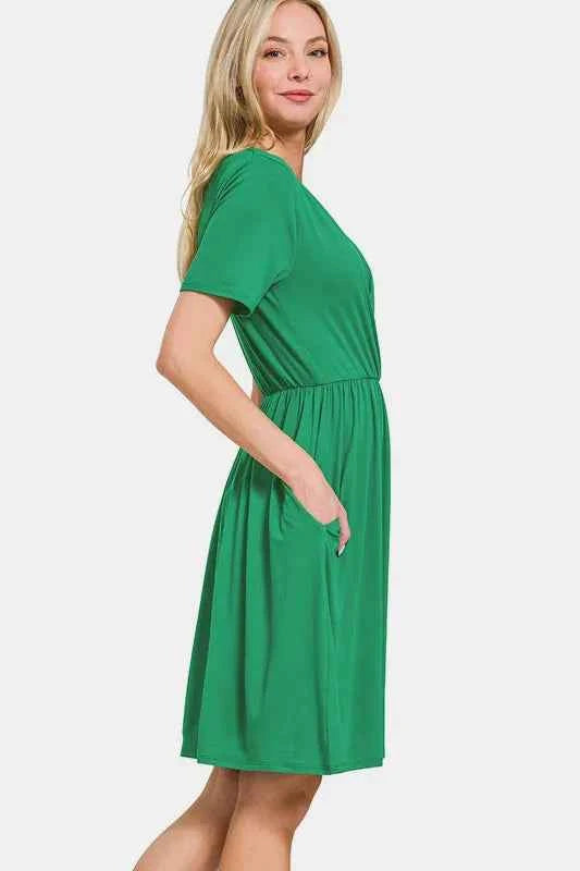 Zenana Surplice Short Sleeve Brushed DTY Dress f25d5530-db0d-44c2-8db8-6f3fd7799153-Max